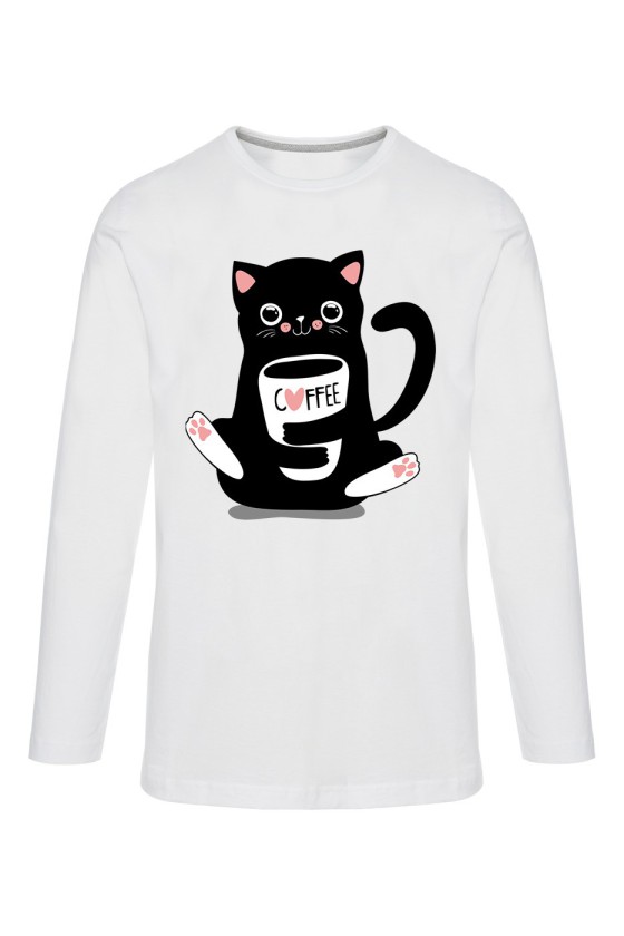 Koszulka Męska Longsleeve Przytulaśny kotek z filiżanką kawy