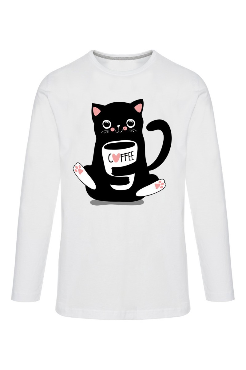 Koszulka Męska Longsleeve Przytulaśny kotek z filiżanką kawy