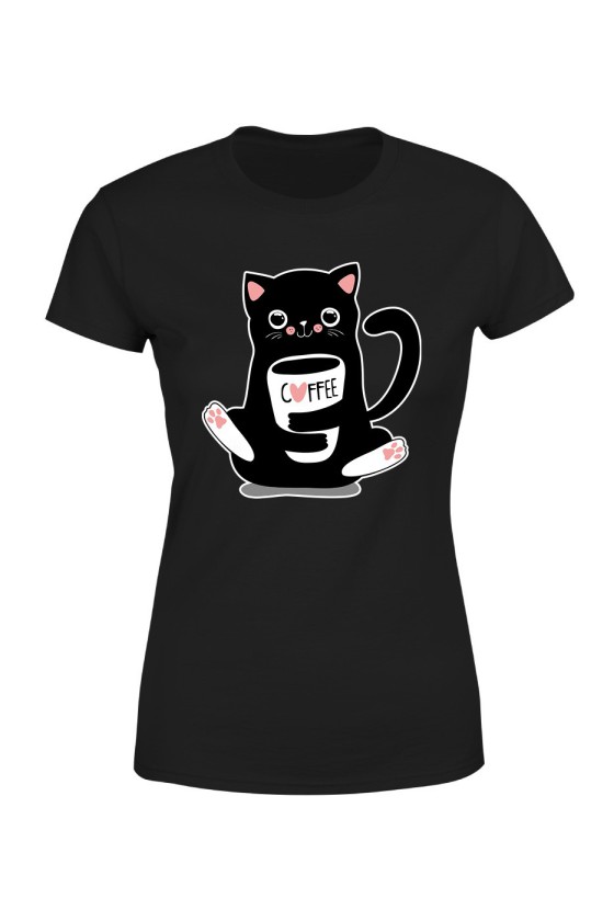 Koszulka Damska Przytulaśny kotek z filiżanką kawy