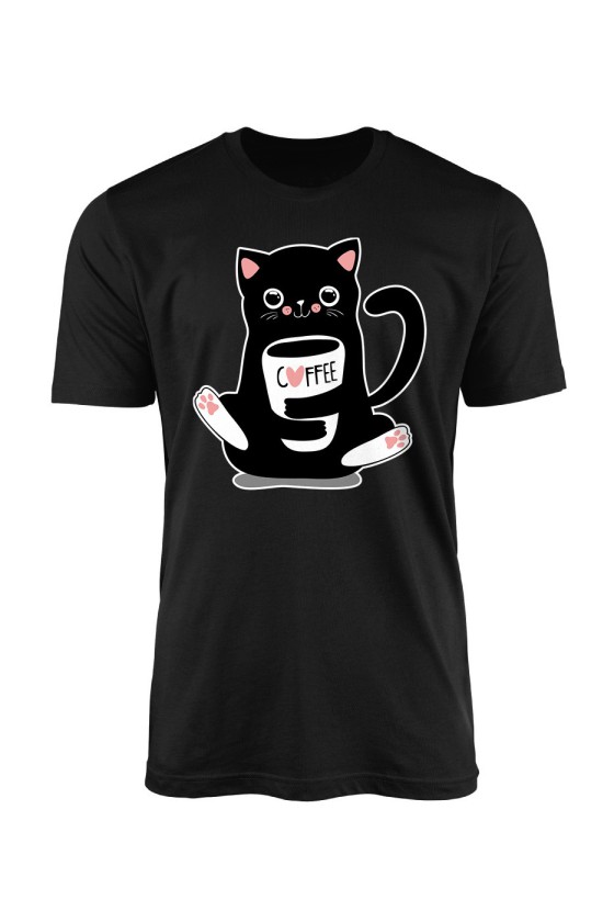 Koszulka Męska Przytulaśny kotek z filiżanką kawy